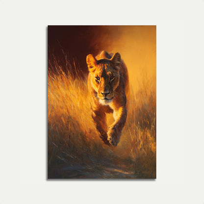 Golden Lion Walking Through Grassland Poster