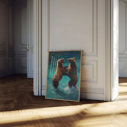 Affiche Ours Jouant dans l'Eau Turquoise