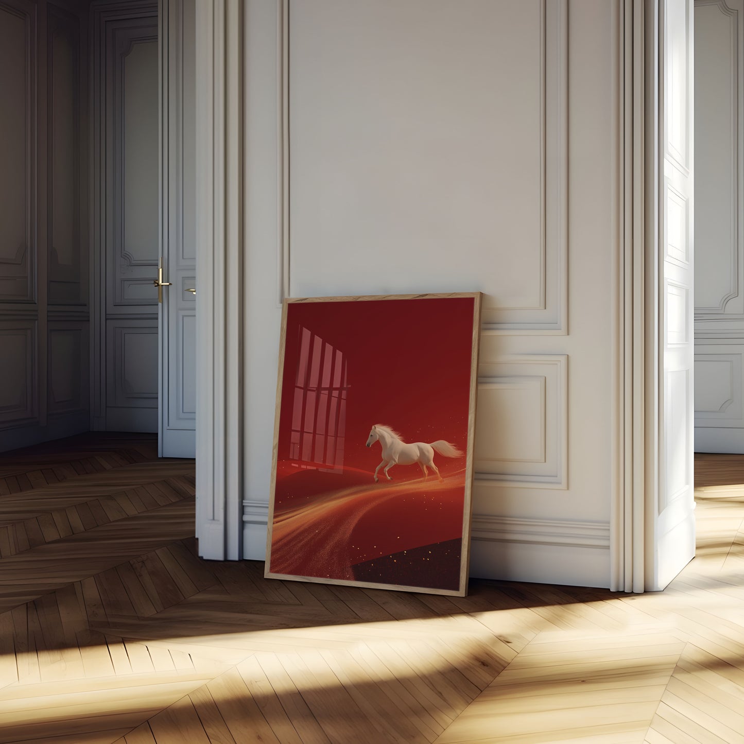 White Stallion on Red Horizon Poster