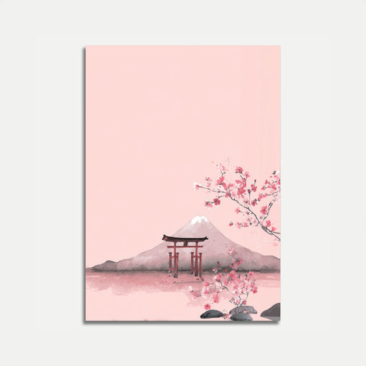 Póster de paisaje de montaña con cerezos en flor