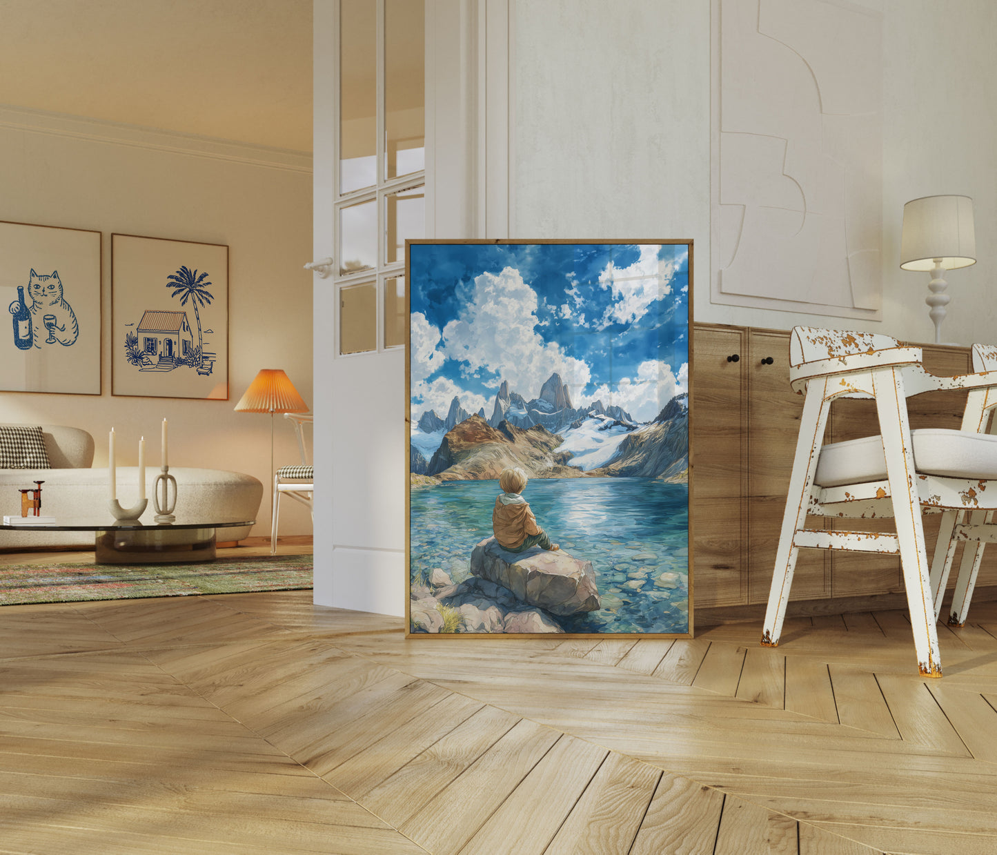 Bambino che guarda i Monti Alpini Poster