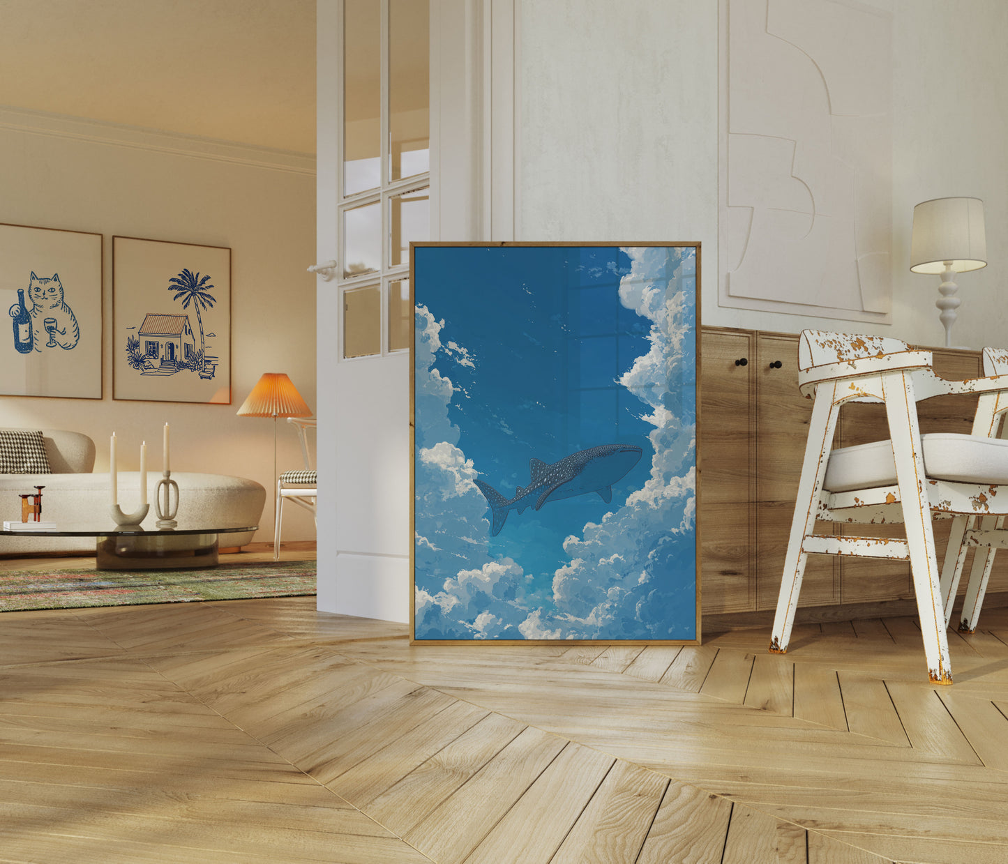 Póster de tiburón ballena en cielos nublados