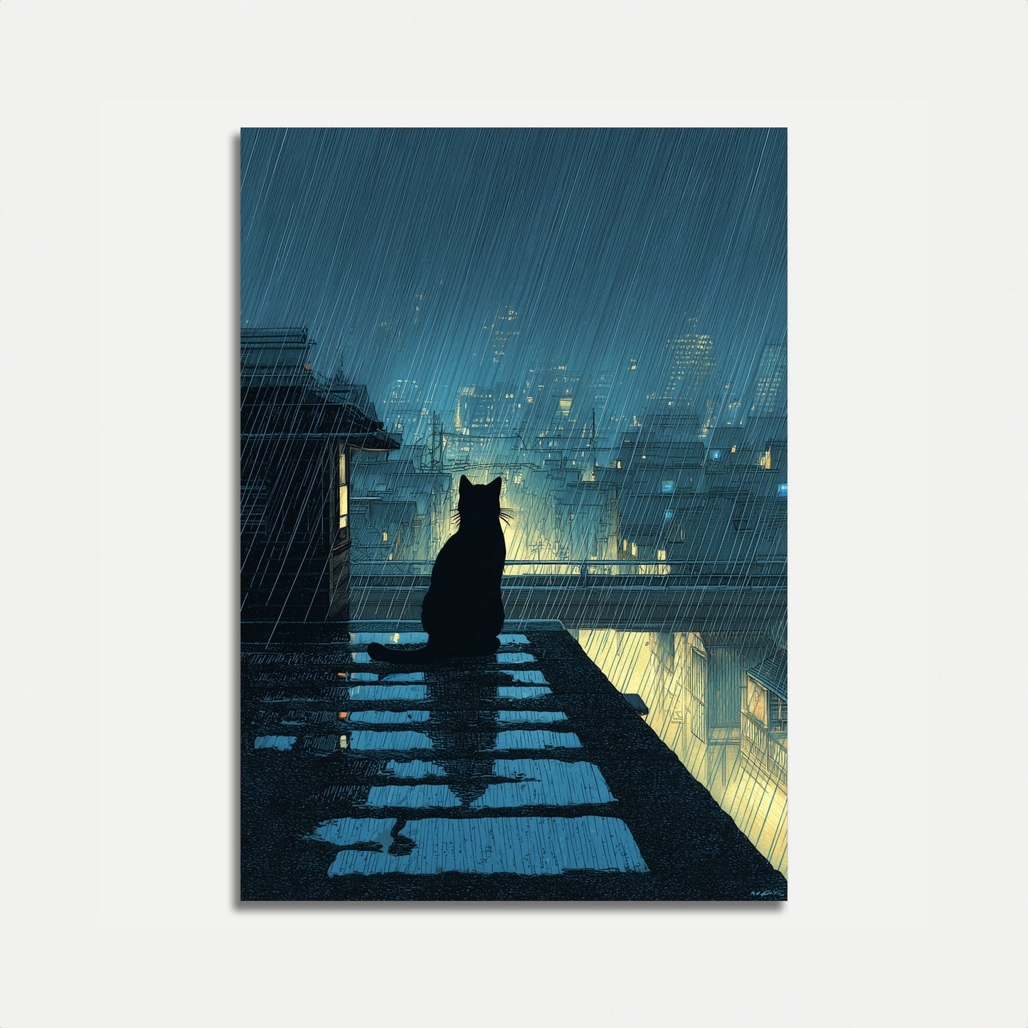 Póster de Gato Observando la Ciudad Lluviosa
