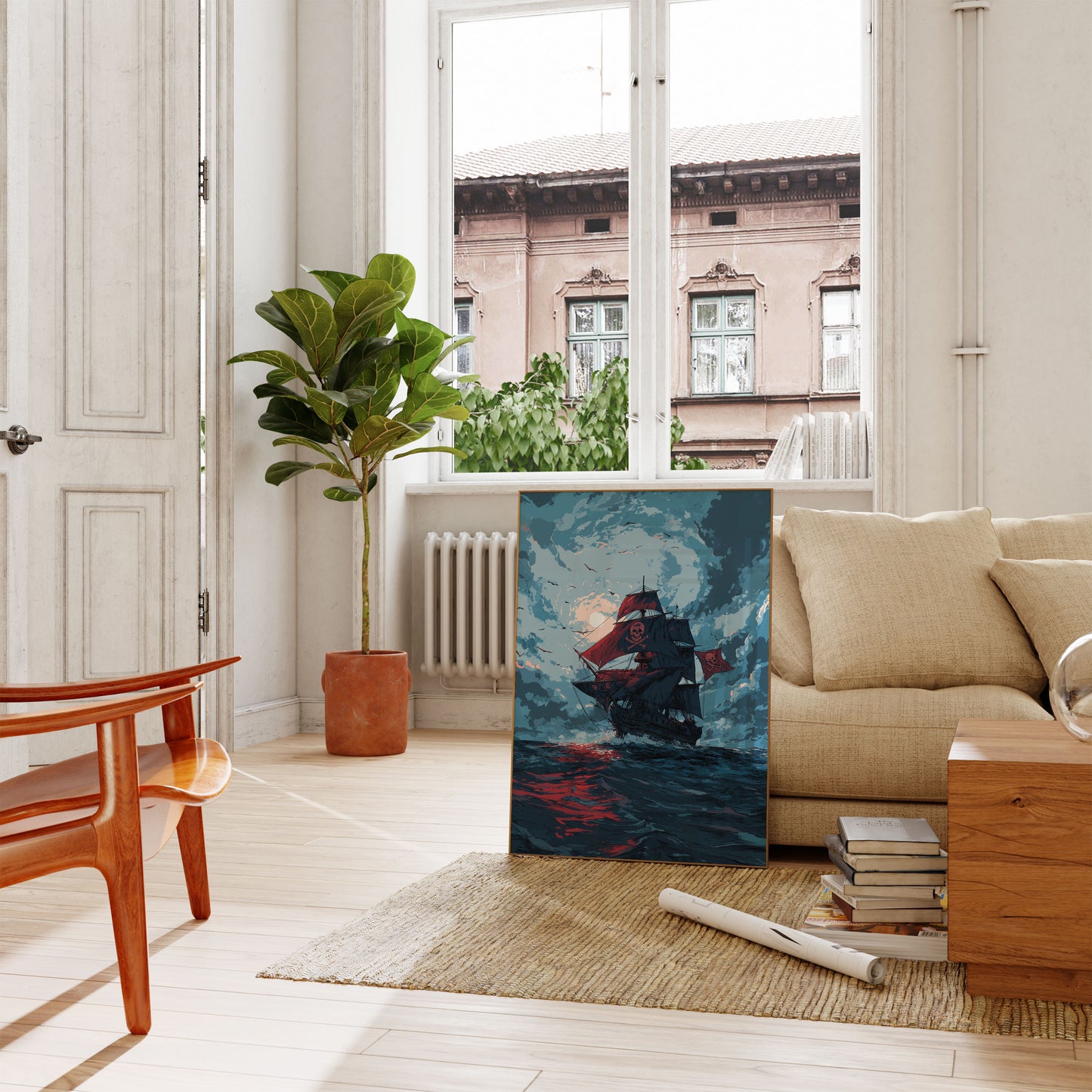 Crimson Skull Pirate Ship Poster