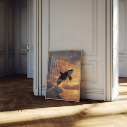 Majestic Orca Sunset Leap Poster