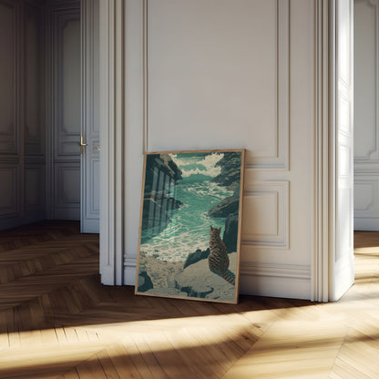 Affiche Chat Regardant les Vagues de l'Océan