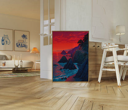 Póster de Acantilados Costeros al Atardecer Carmesí