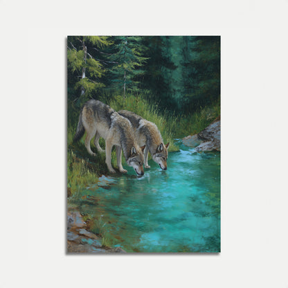 Wolves Drinking at Mountain Stream Poster