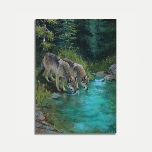 Wolves Drinking at Mountain Stream Poster