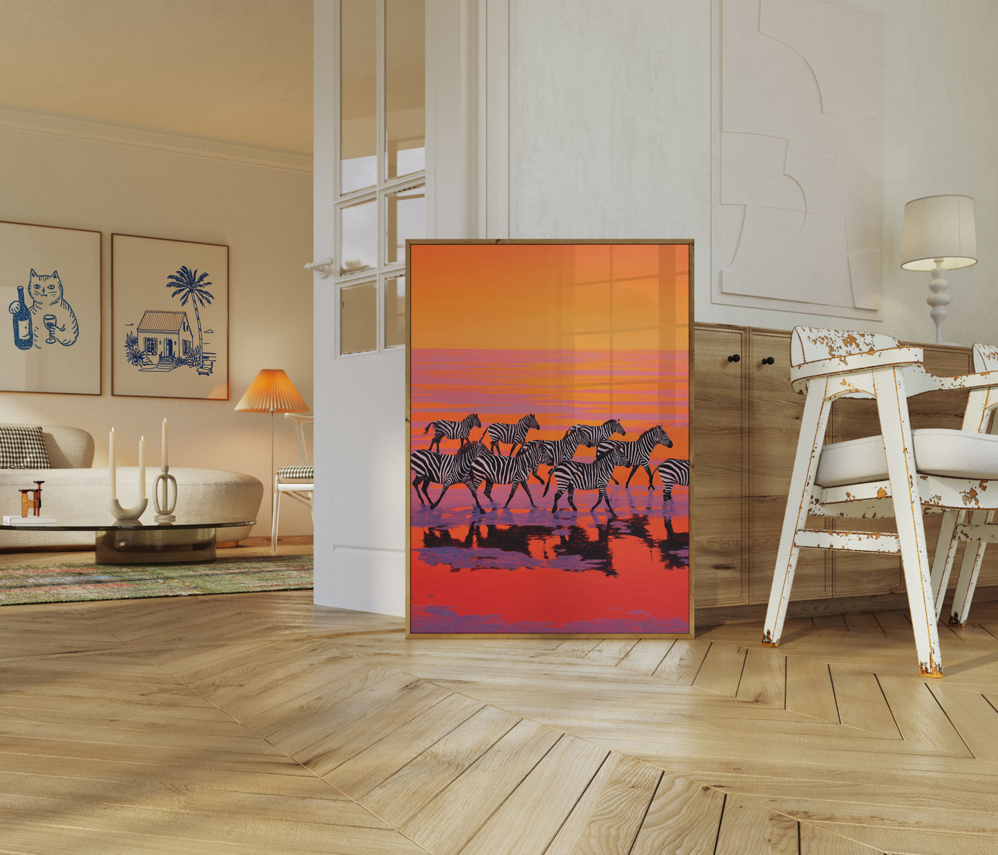 Póster del Abrevadero de Cebras al Atardecer