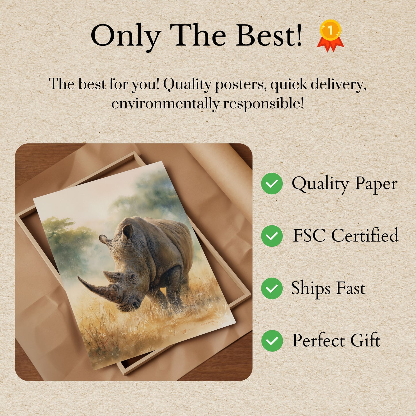 Póster de un majestuoso rinoceronte en la pradera