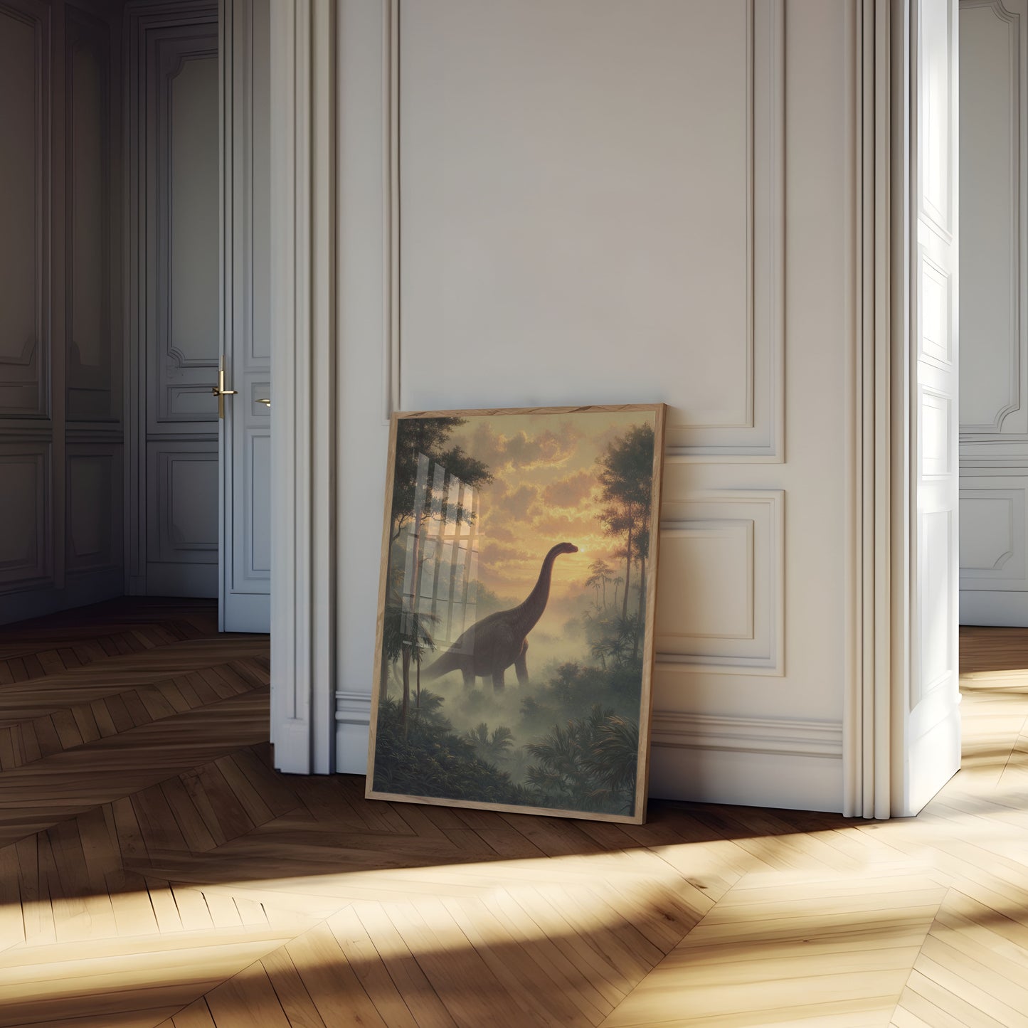 Póster de dinosaurios del amanecer jurásico