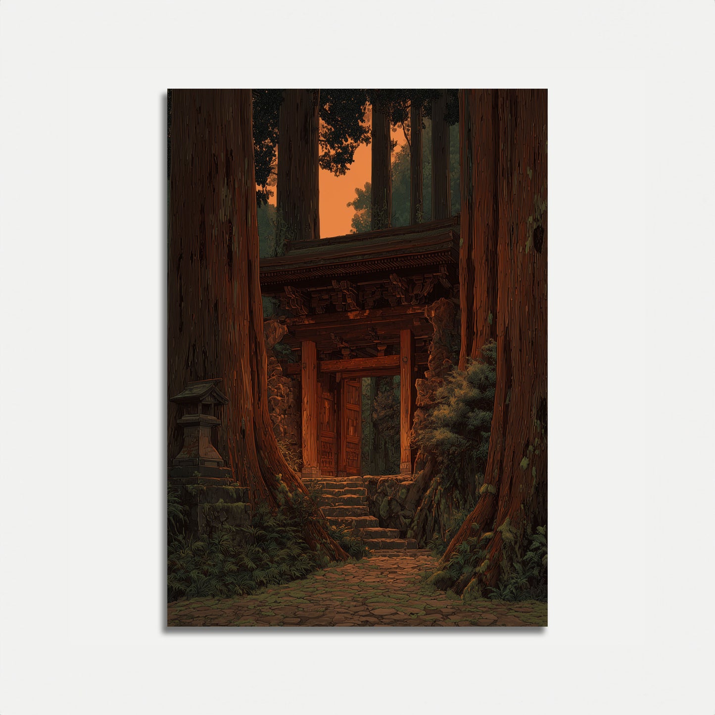 Ancient Temple Through Redwoods Poster