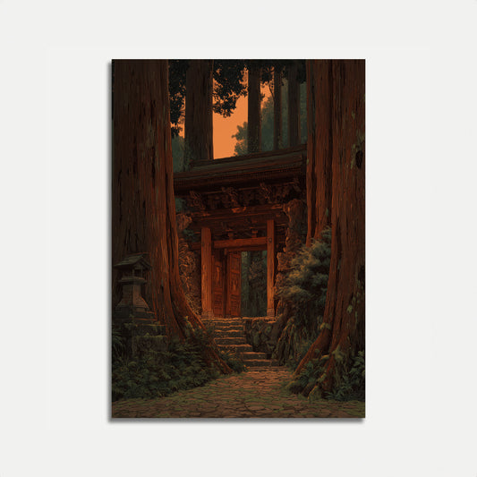 Ancient Temple Through Redwoods Poster