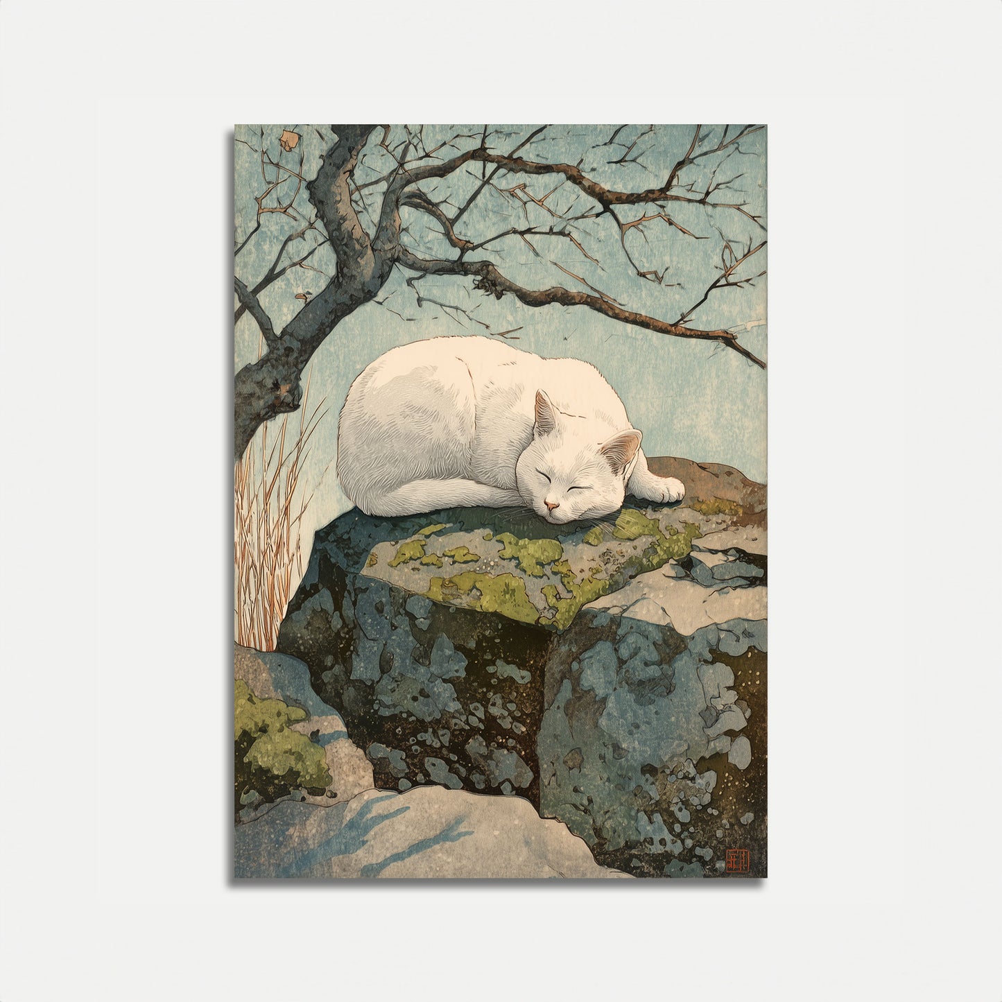 Póster de Gato Blanco Descansando junto a un Árbol
