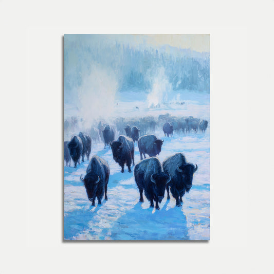 Plakat Stado Bizonów w Zimowym Krajobrazie