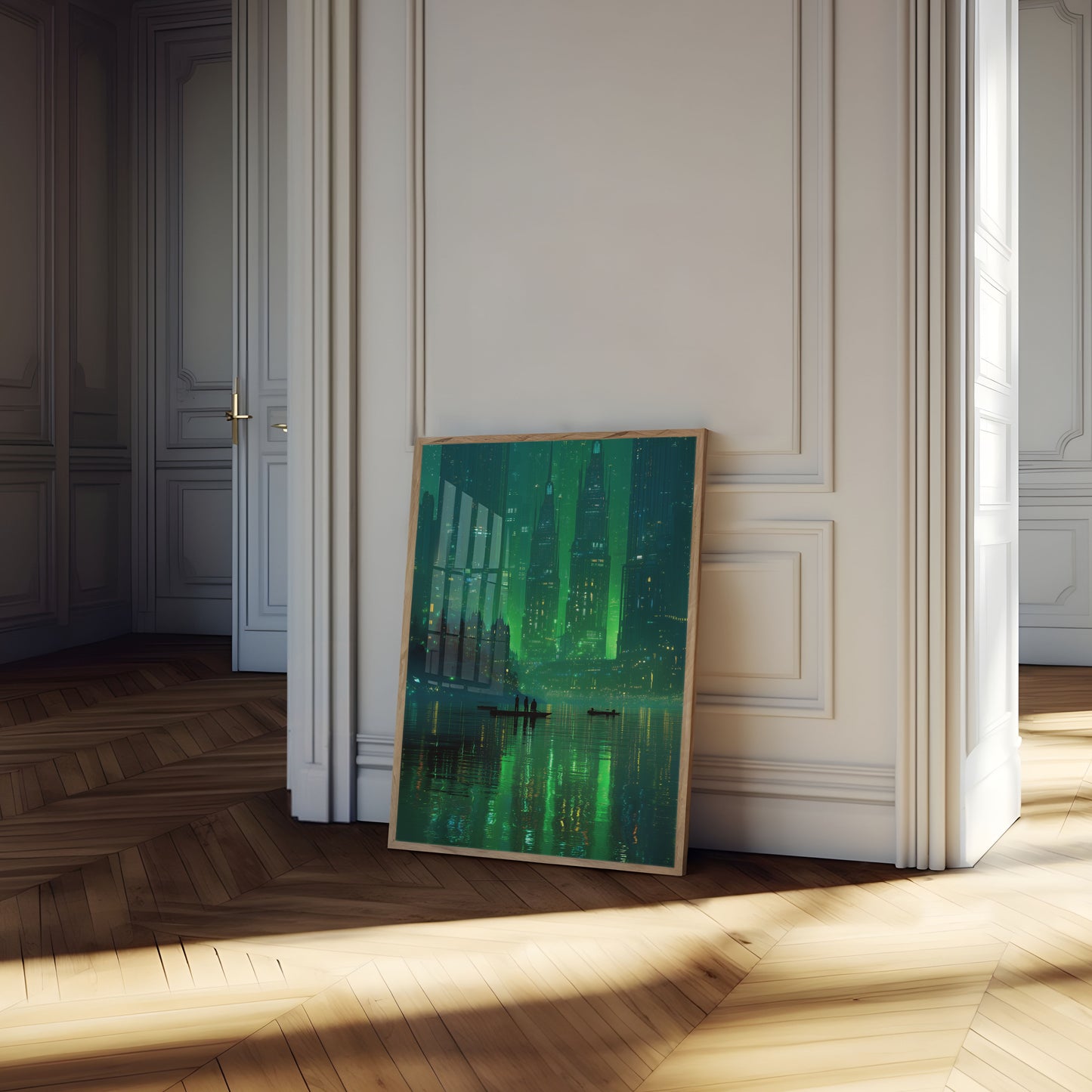 Neon City Lights Reflection Poster