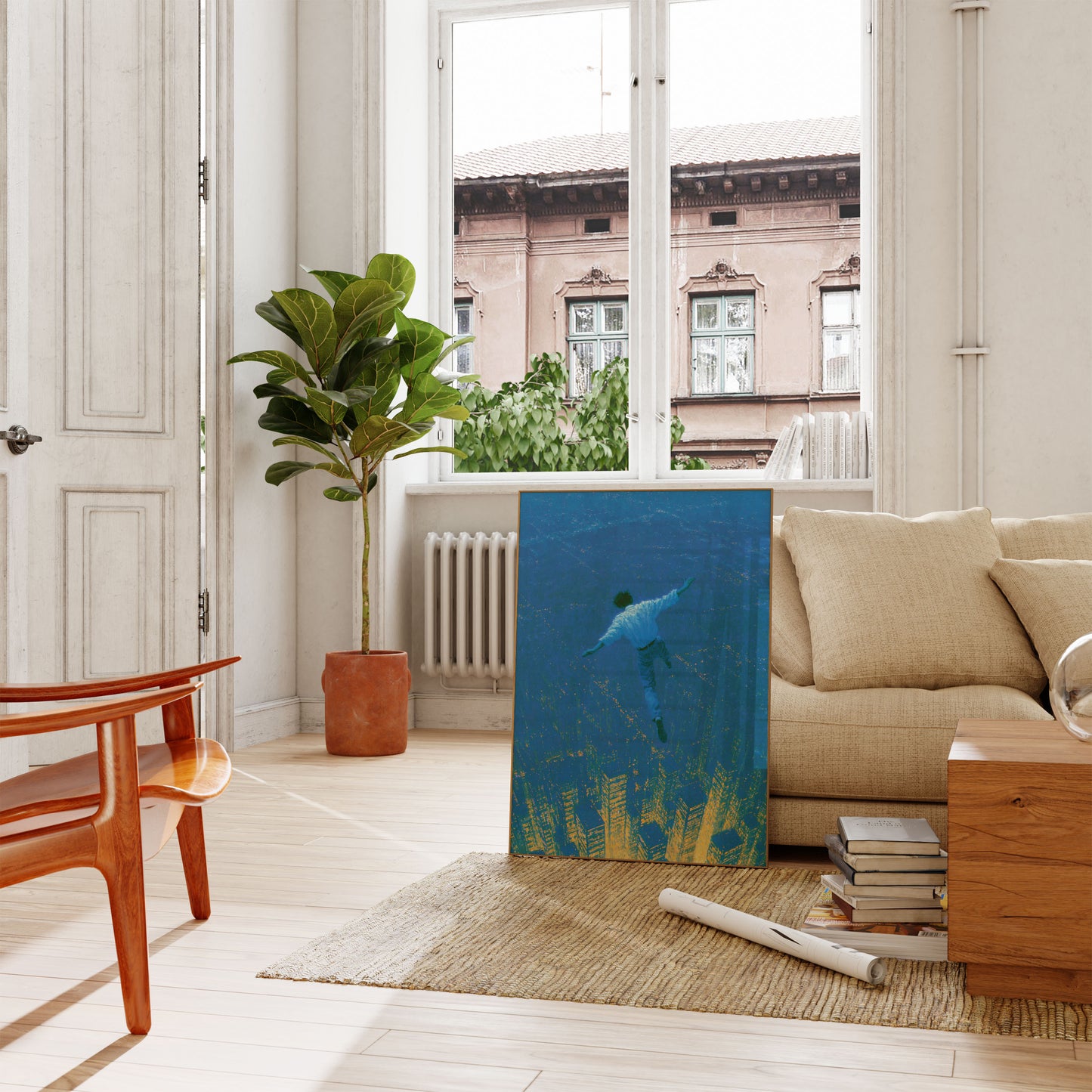 Ethereal Diver Above Cityscape Poster