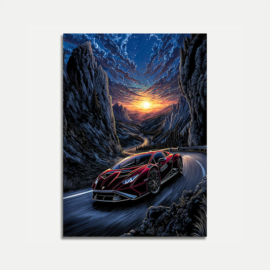 Mountain Sunset Sports Car Poster