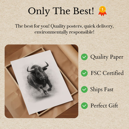 Charging Bull Black and White Poster