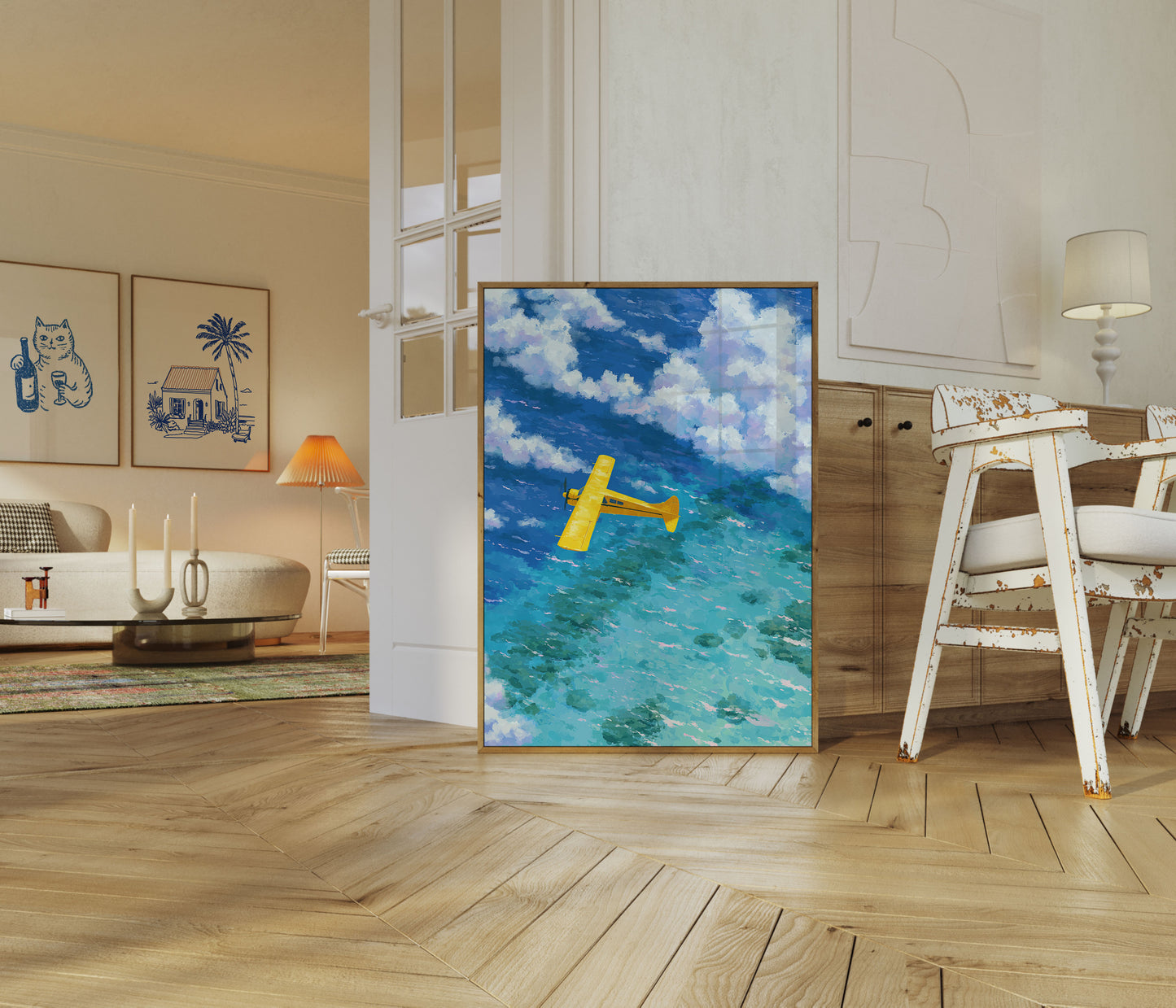 Yellow Seaplane Over Ocean Poster