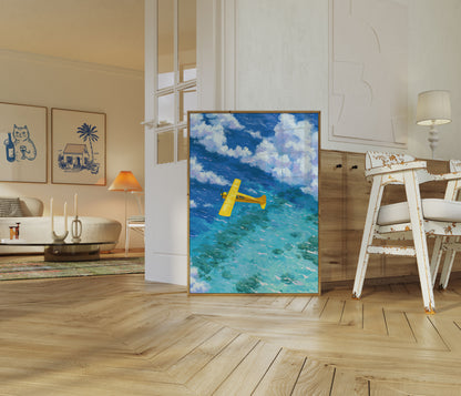 Yellow Seaplane Over Ocean Poster