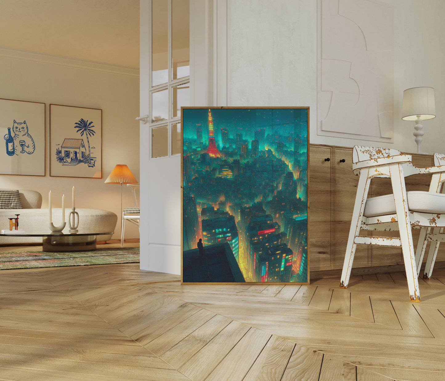 Póster de paisaje urbano nocturno de Tokio con neón