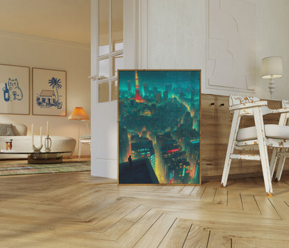 Póster de paisaje urbano nocturno de Tokio con neón