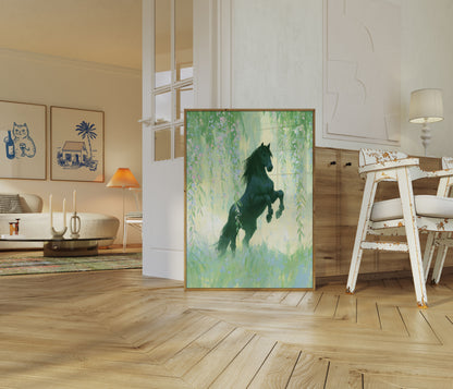 Sorte Hest i Blomsterhave Plakat