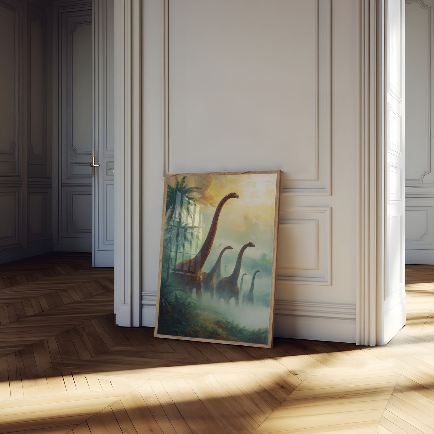 Póster de paisaje brumoso de dinosaurios