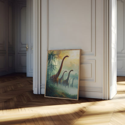 Póster de paisaje brumoso de dinosaurios