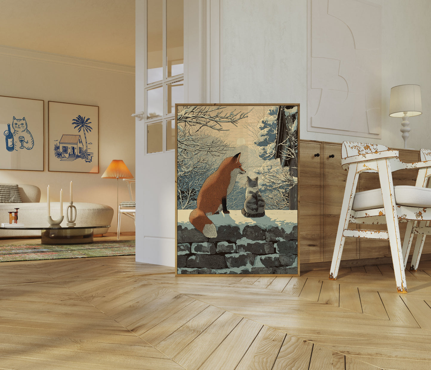 Fox and Cat Winter Friendship Poster
