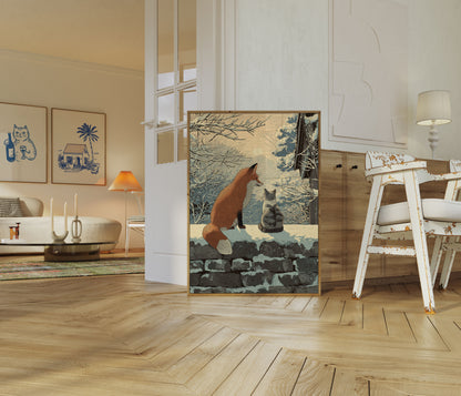 Fox and Cat Winter Friendship Poster