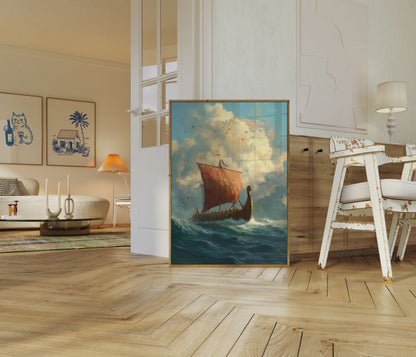Póster de viaje oceánico en barco vikingo