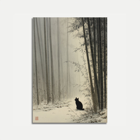 Schwarze Katze im schneebedeckten Bambuswald-Plakat