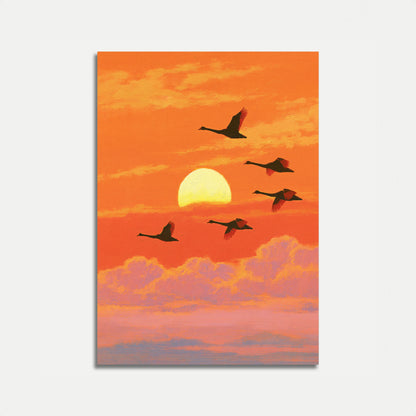 Swans Flying Into Sunset Poster