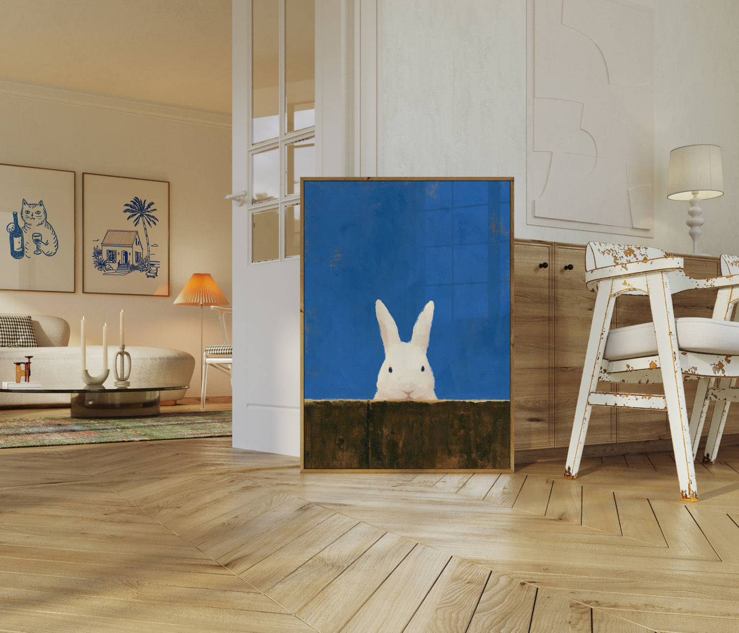 White Rabbit Peering Over Wall Poster