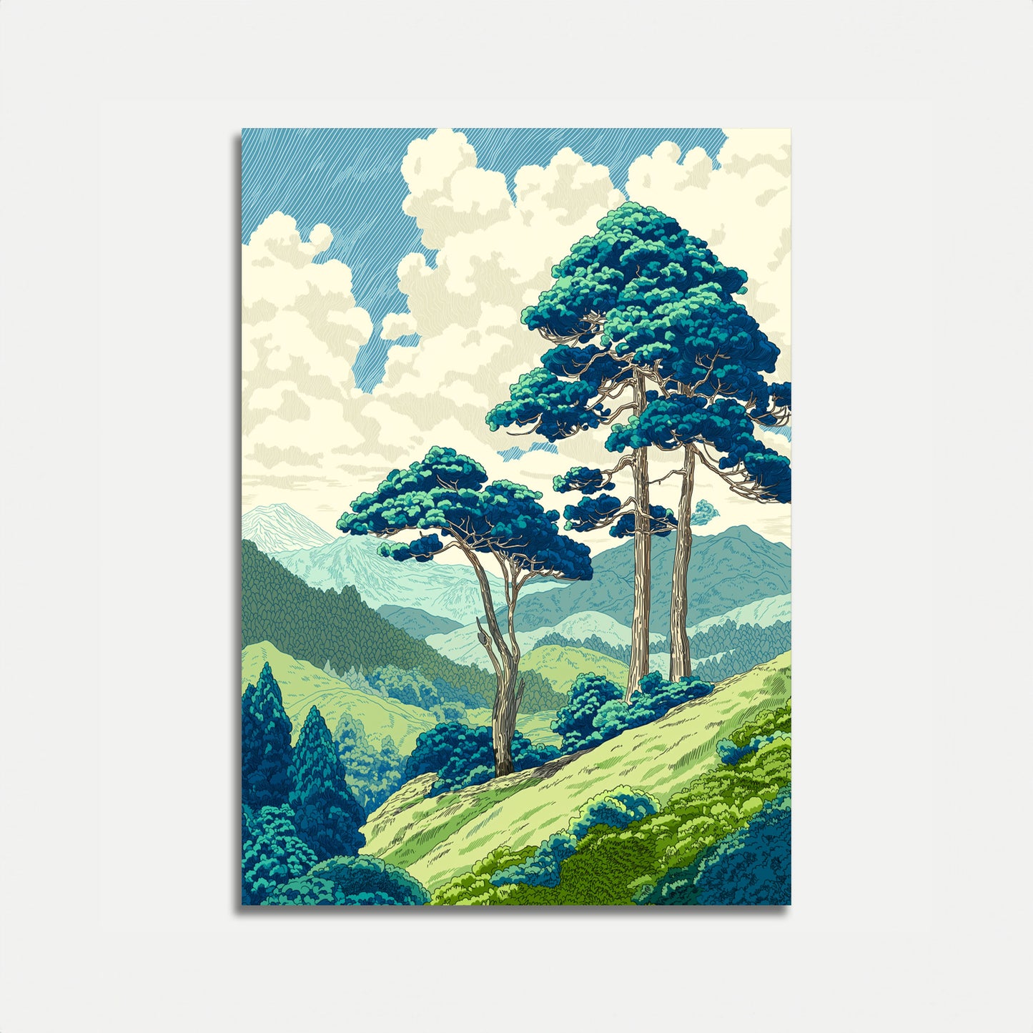 Poster Paesaggio Montano con Maestosi Alberi di Pino
