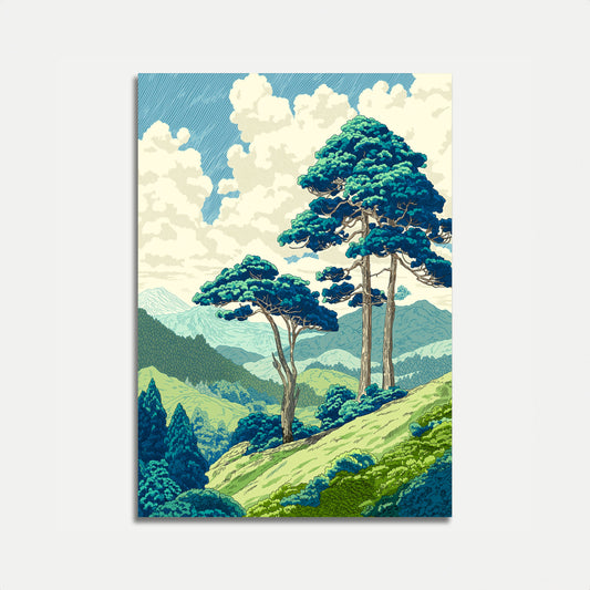 Poster Paesaggio Montano con Maestosi Alberi di Pino