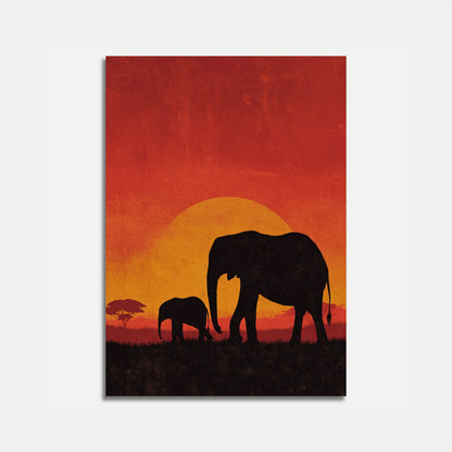 Affiche Coucher de Soleil en Famille d'Éléphants Africains