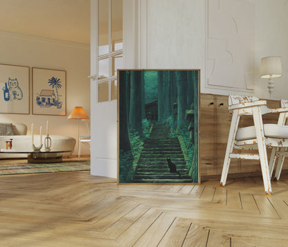 Schwarze Katze Tempel Treppen Plakat