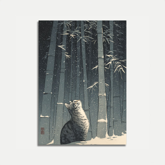 Poster del Gatto nella Foresta di Bambù Innevata