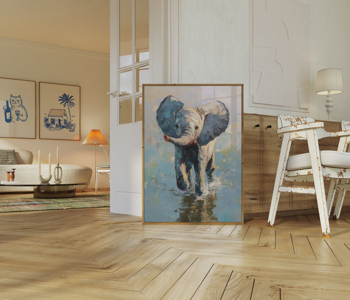 Affiche Jeune Éléphant Pataugeant dans les Eaux