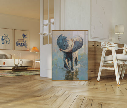 Affiche Jeune Éléphant Pataugeant dans les Eaux