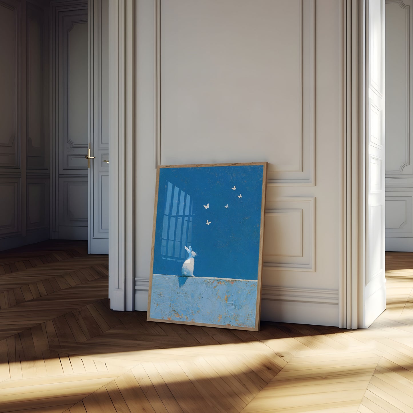 Poster coniglio bianco che guarda farfalle
