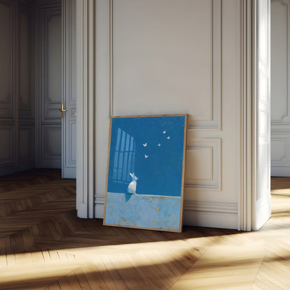 Poster coniglio bianco che guarda farfalle