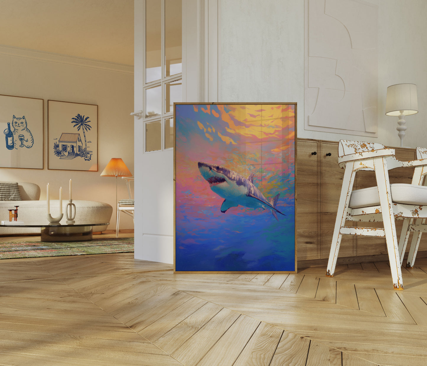 Vibrant Shark Ocean Sunset Poster