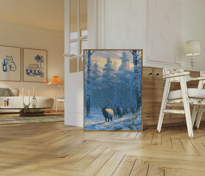 Winter Elk Herd in Forest Poster