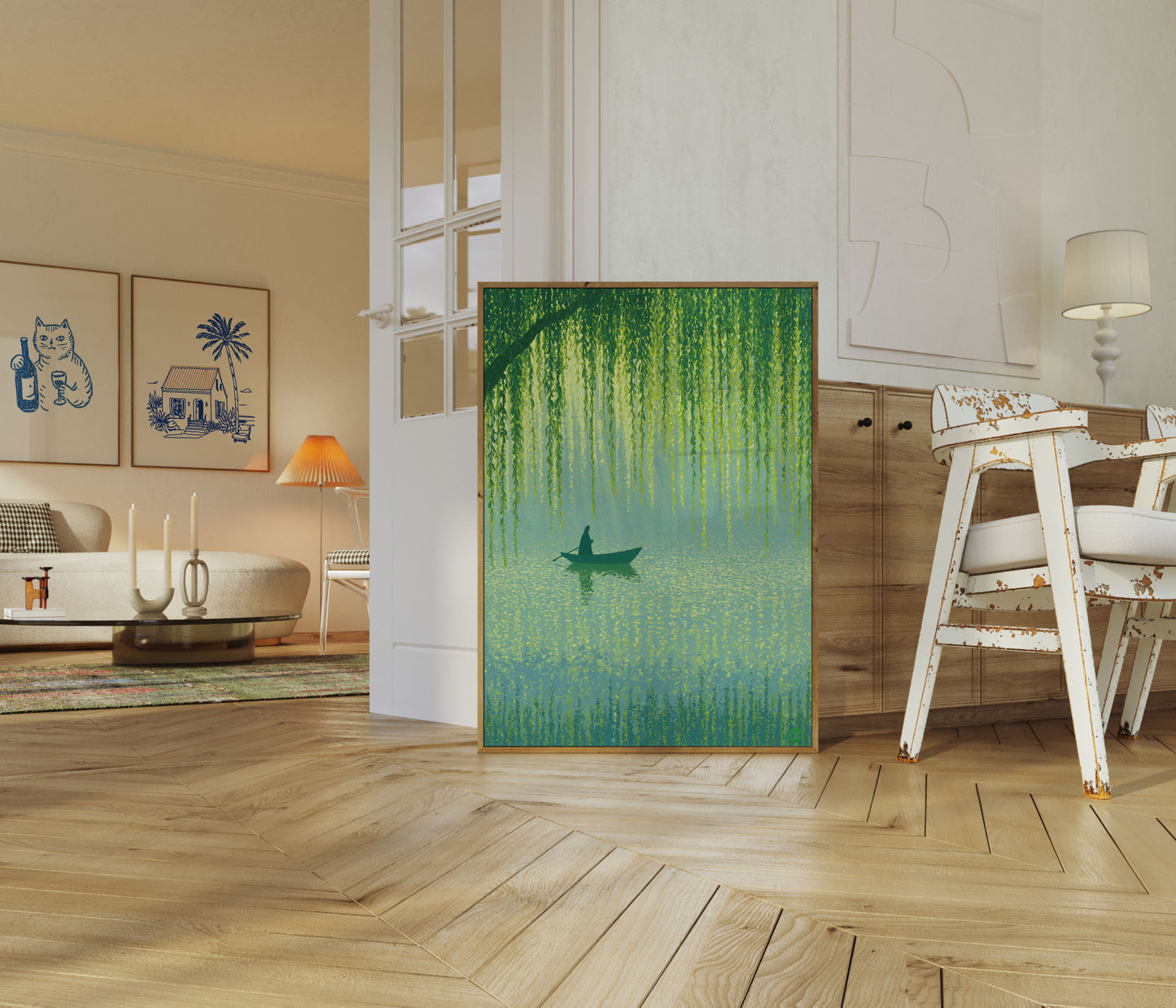 Rolig båd under piletræ plakat