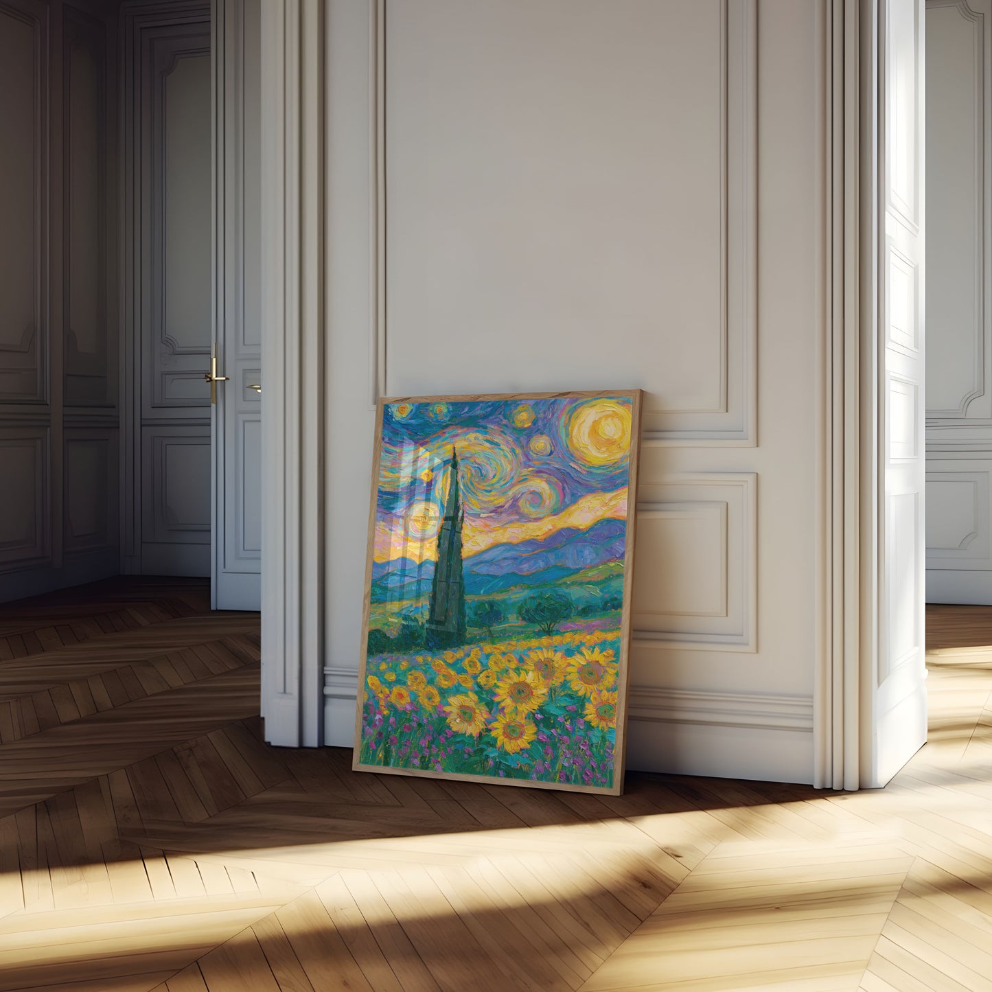Starry Night Sunflower Field Poster
